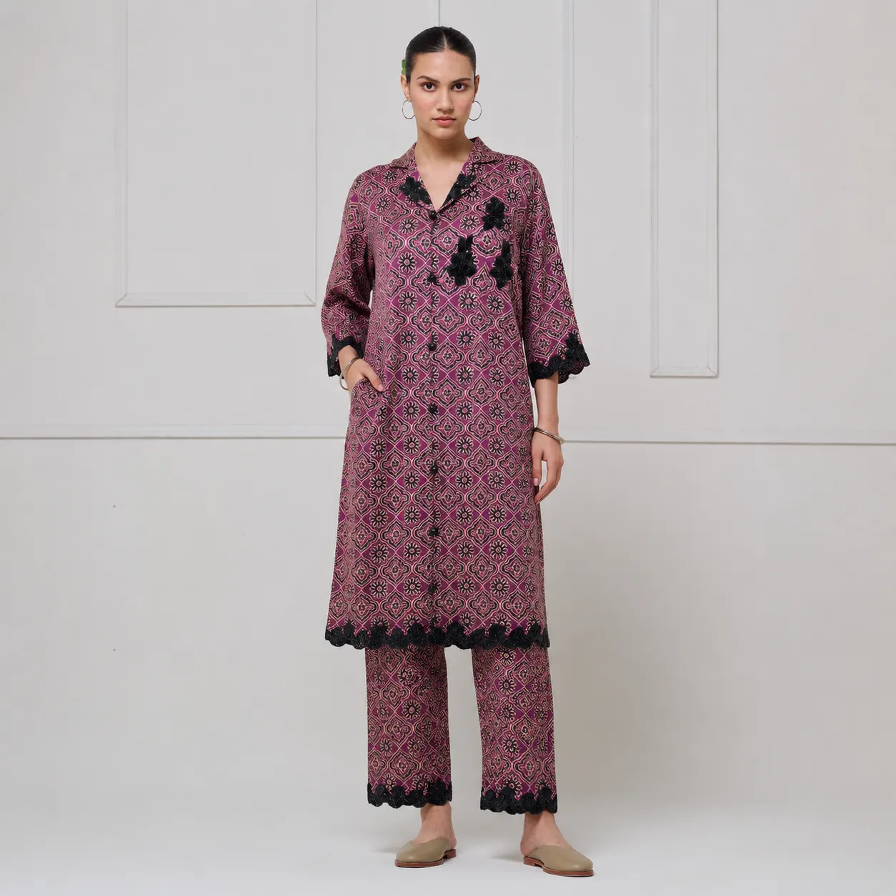 Women's Maroon Printed Button-Down long shirt with Black Lace Embellishment